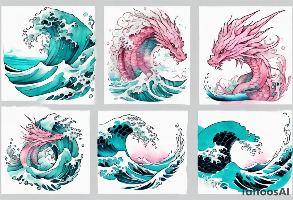 a beautiful turquoise pink and white sea  Drakaina rising from the waves of the ocean tattoo idea