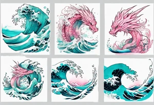 a beautiful turquoise pink and white sea  Drakaina rising from the waves of the ocean tattoo idea