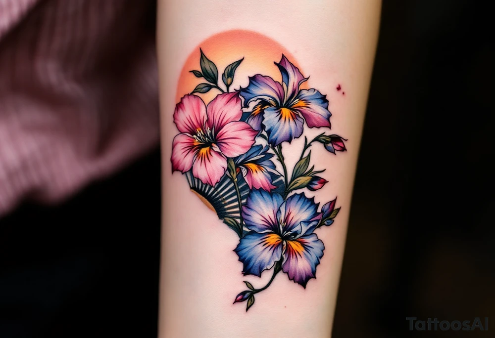 Irises flowers and cherry blossom on a fan tattoo idea