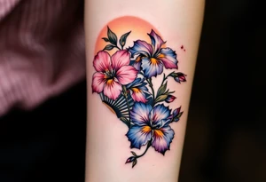 Irises flowers and cherry blossom on a fan tattoo idea