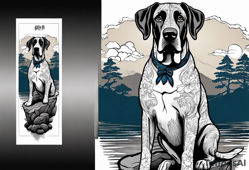 Arm sleeve with Great Dane (Full Tuxedo Color and floppy ears) standing proudly chest up on a rock in front of a body of water tattoo idea