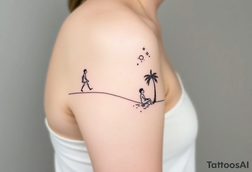 Create a minimalist tattoo design that wraps around the upper right arm, just below the armpit and above an existing blackwork sleeve.

Design Flow:

The tattoo is connected by a thin, continuous line that wraps around the arm.

On the outer/front arm, place a small, minimal walking figure on the line, moving forward. The line should have a gentle wave under his steps to create movement.

The line continues to the inner arm, where a boy is sitting on the line (with his back to the viewer, legs dangling below the line).

To the right of the boy, place a slightly leaning palm tree growing from the line.

Behind or beside the tree, include a minimal sun, low on the horizon (simple circle or half-sun).

In the space above, softly scatter minimalist stars, mostly dots, with 2–3 sparkles or tiny diamond shapes.

Style Notes:

Keep everything in fine line / minimalist style, no heavy shading

Design should feel light, dreamy, and reflective — symbolizing balance between stillness and motion

Line should echo the flow of the existing tribal/blackwork arm band below, but not mimic or clash with it

The boy should sit directly under the palm and with the back to the viewer and the feet hanging from the line. can you make the boy closer to the palm and with the back to the viewer? tattoo idea