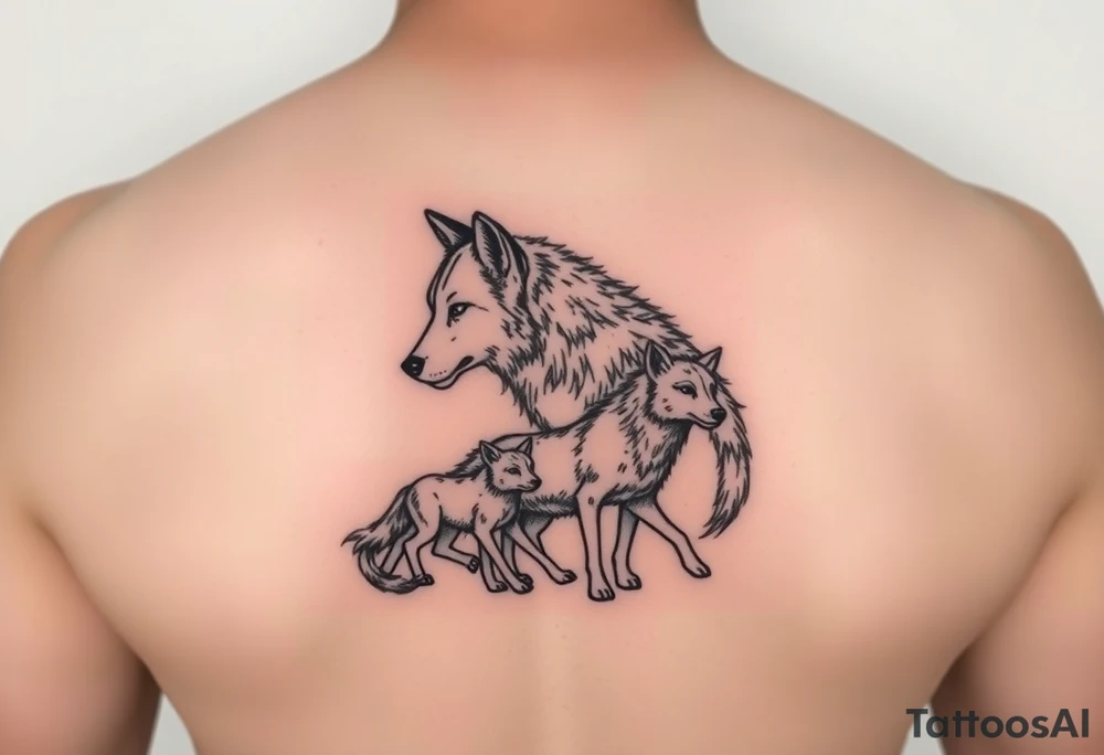A solitary yet sublime and noble wolf and its progeny. tattoo idea