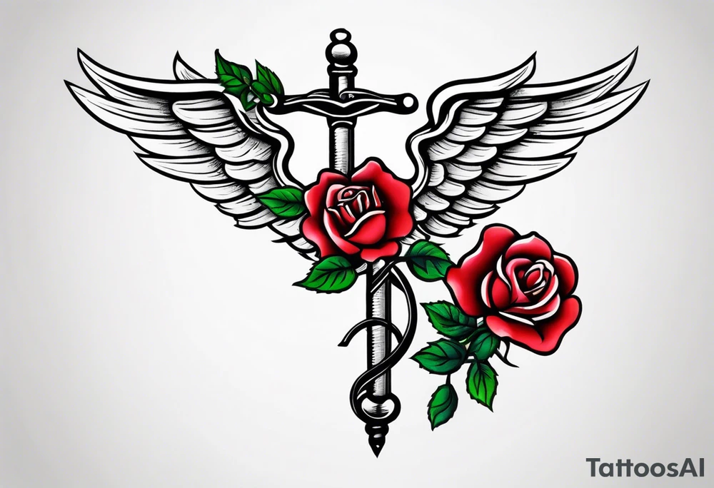 Caduceus with two roses tattoo idea