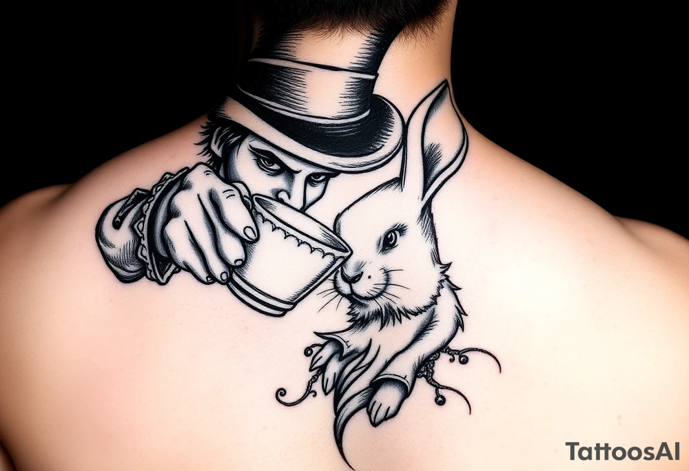 The mad hatter pouring a cup if tea into the white rabbits head tattoo idea