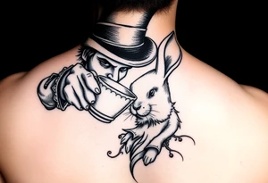 The mad hatter pouring a cup if tea into the white rabbits head tattoo idea