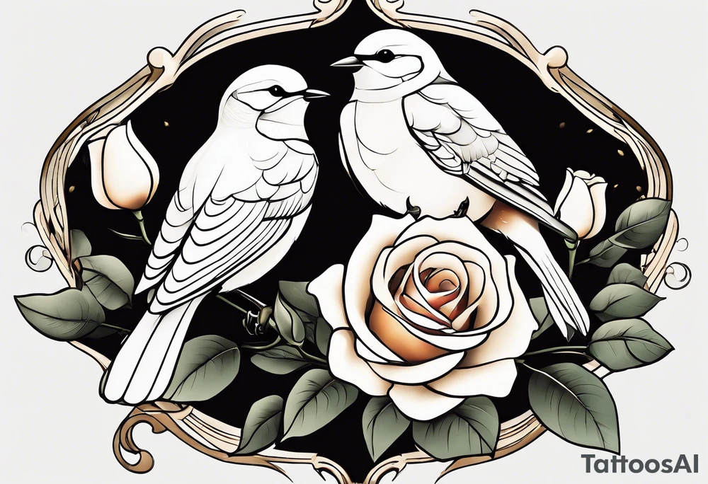Two birds sitting on a stem of White roses, on bird is about to land next to them on the stem. tattoo idea