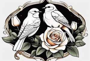 Two birds sitting on a stem of White roses, on bird is about to land next to them on the stem. tattoo idea
