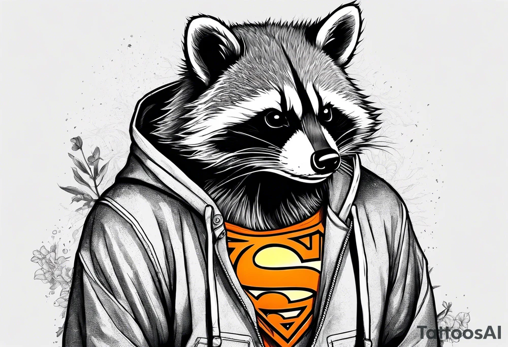 Raccoon wearing an orange Superman hoodie tattoo idea
