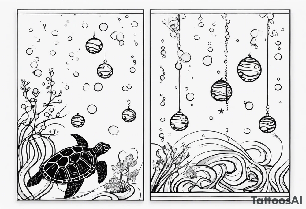 Small Starfish, Seahorse and turtle in a vertical line with bubbles tattoo idea