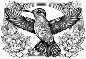 Hummingbird with mandala and flowers background, fern leaves tattoo idea