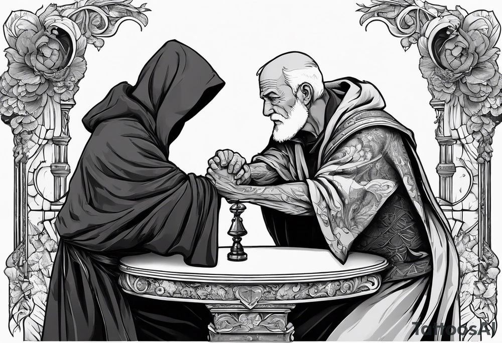 old man in cloak arm wrestling with a skeleton tattoo idea old man in cloak arm wrestling with a skeleton tattoo idea