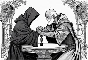 old man in cloak arm wrestling with a skeleton tattoo idea