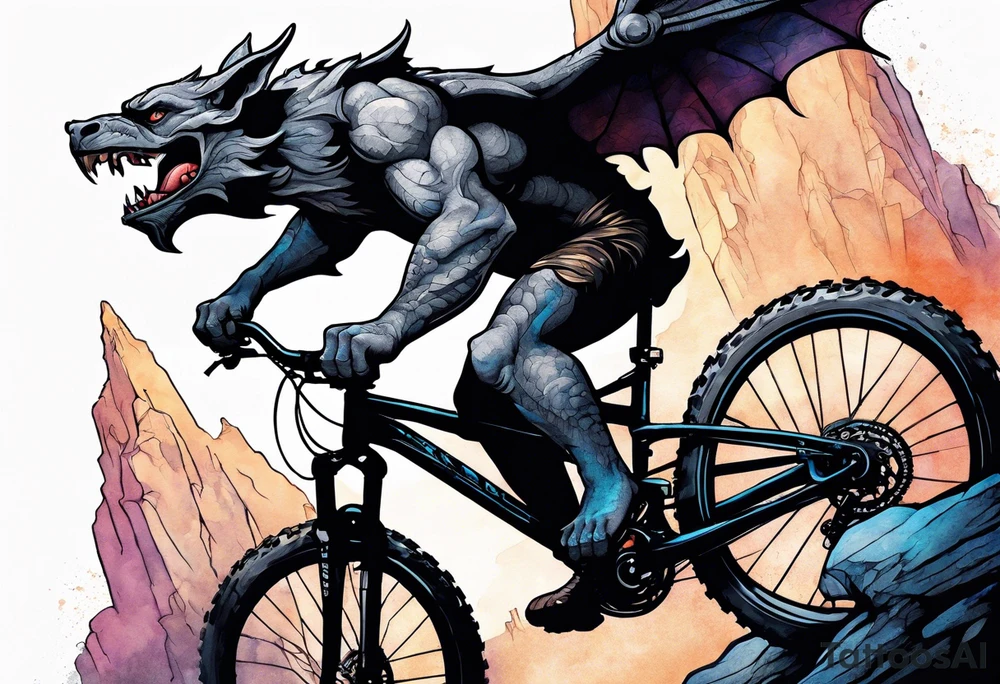 gargoyle riding a full suspension mountain bike with a shadow no background tattoo idea