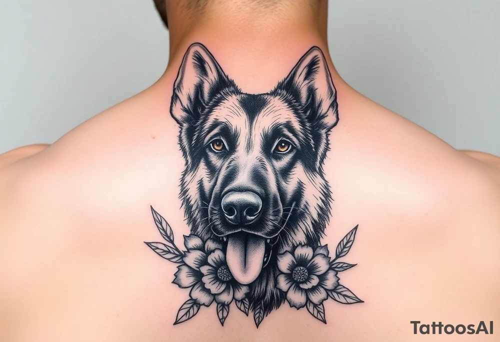 german shepherd dog with flowers tattoo idea
