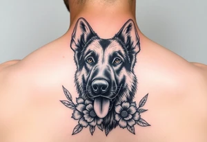 german shepherd dog with flowers tattoo idea