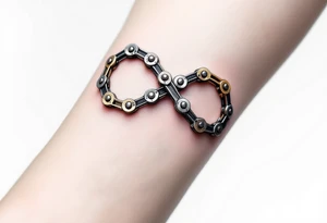 A bicycle chain forming the infinity symbol, in metallic silver and gold, symbolizing endless cycles and eternal connections. tattoo idea