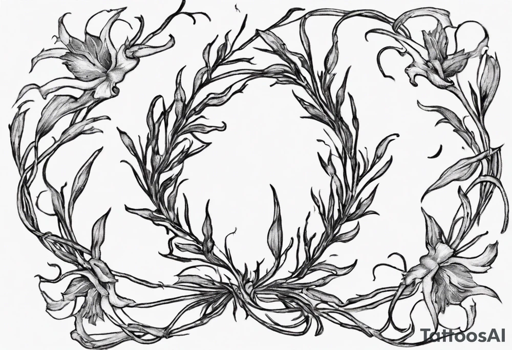 Create a small Vincent van Gogh Irises tattoo, with vines gracefully intertwining at a central point in the middle of the wreath. Include birds in some fashion. The intended placement is on the upper chest. The overall design should be small in size while maintaining a delicate and artistic aesthetic. Pay attention to the graceful flow of the vines and the placement of the irises to achieve a refined and elegant look. tattoo idea