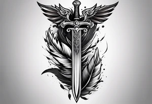 this tattoo is meant for outer forearm a long thin sword with feathers alongside it coming closer at the base both sword and feathers are parallel tattoo idea