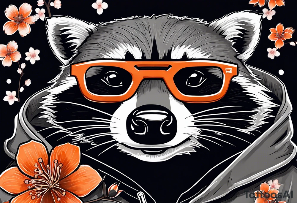 Raccoon wearing a white Superman logo on a black hoodie and orange Japanese cherry blossoms beside tattoo idea