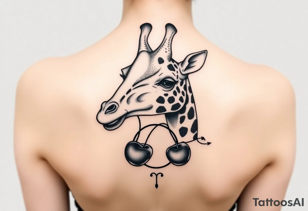 Giraffe with cherries in mouth with moon and gemini symbol tattoo idea
