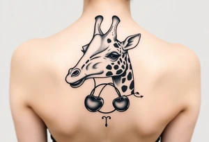 Giraffe with cherries in mouth with moon and gemini symbol tattoo idea