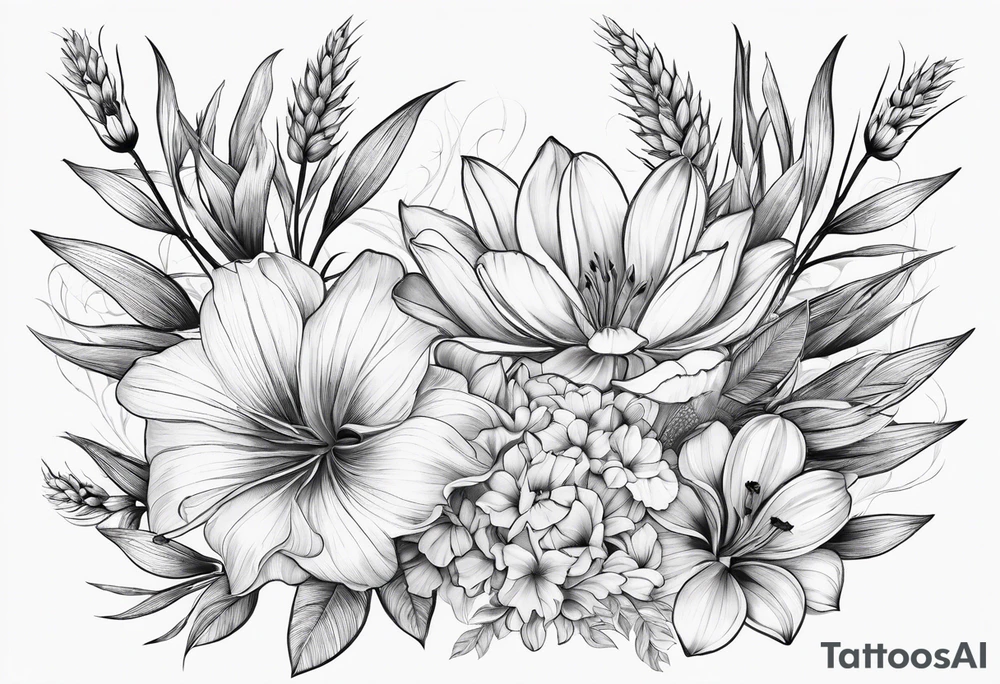 floral dainty soft leaves with bee dragonflower, wheat, tulip tattoo idea