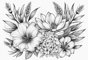 floral dainty soft leaves with bee dragonflower, wheat, tulip tattoo idea