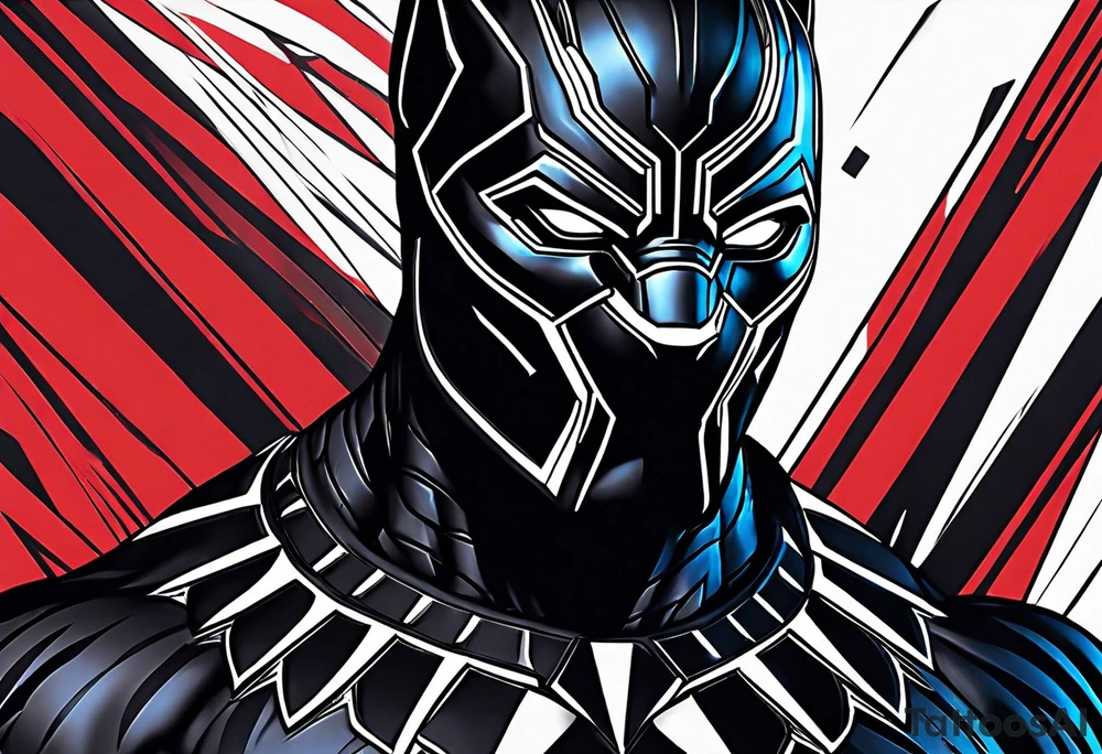 unique black panther tattoo, dynamic pose, showcasing its strength and grace, striking red eyes, intense and captivating elements, artistic flair, blending realism with abstract elements tattoo idea