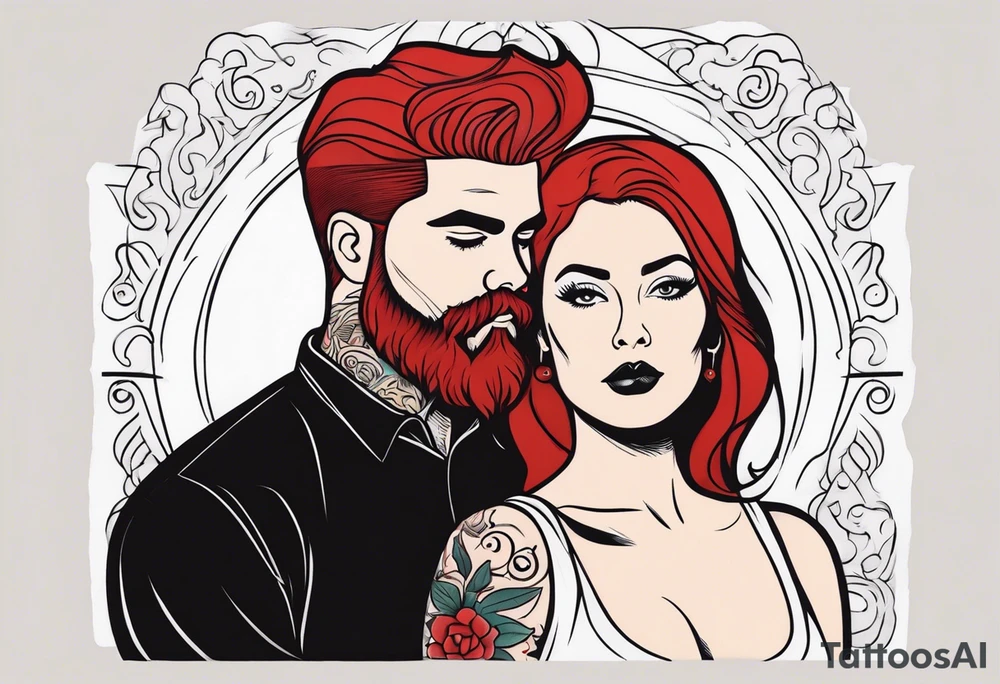 Busty Red haired woman with black haired bearded man tattoo idea