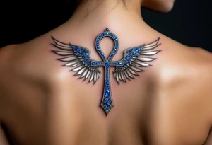 A sapphire-encrusted Ankh with silver wings, symbolizing spiritual ascension and divine wisdom. tattoo idea