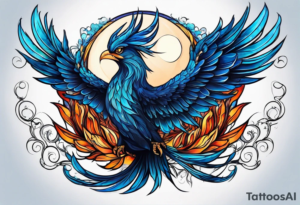 phoenix sur une lune bleu tattoo idea