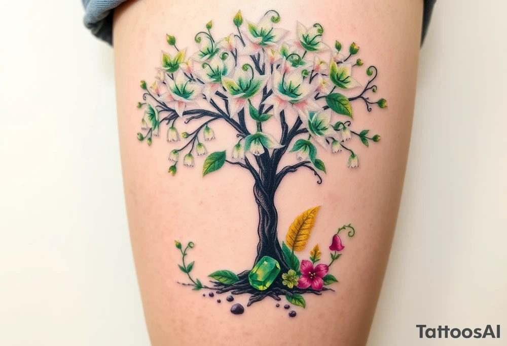 Flowering hawthorne tree with white lilly of the vally bell plants planted by  tree with other colorful  lilly plants on ground with a emerald by tree tattoo idea