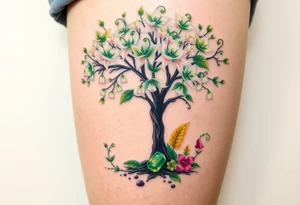 Flowering hawthorne tree with white lilly of the vally bell plants planted by  tree with other colorful  lilly plants on ground with a emerald by tree tattoo idea