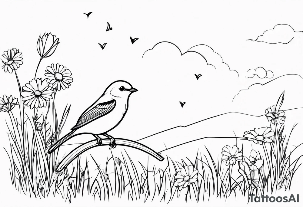 Little bird outline perched in a field of grass and daisys tattoo idea
