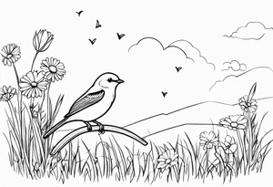 Little bird outline perched in a field of grass and daisys tattoo idea