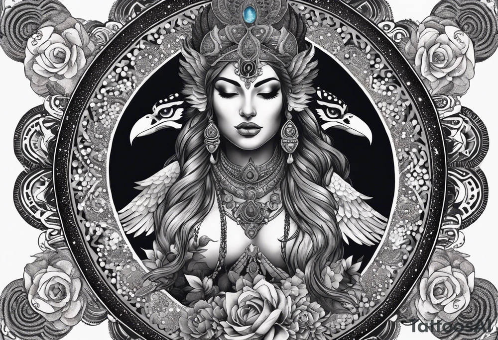 black kali, goddess pirate, alien, angel, pachamama, valkrye, warrior, flying, skull, lotus azul, wing, eagle, zenza resonance, stars, 5D, anahata chakra, death, durga, riding on a tiger, flying lady, kundalini, chest tatoo, samuri, rebel, serpent tattoo idea