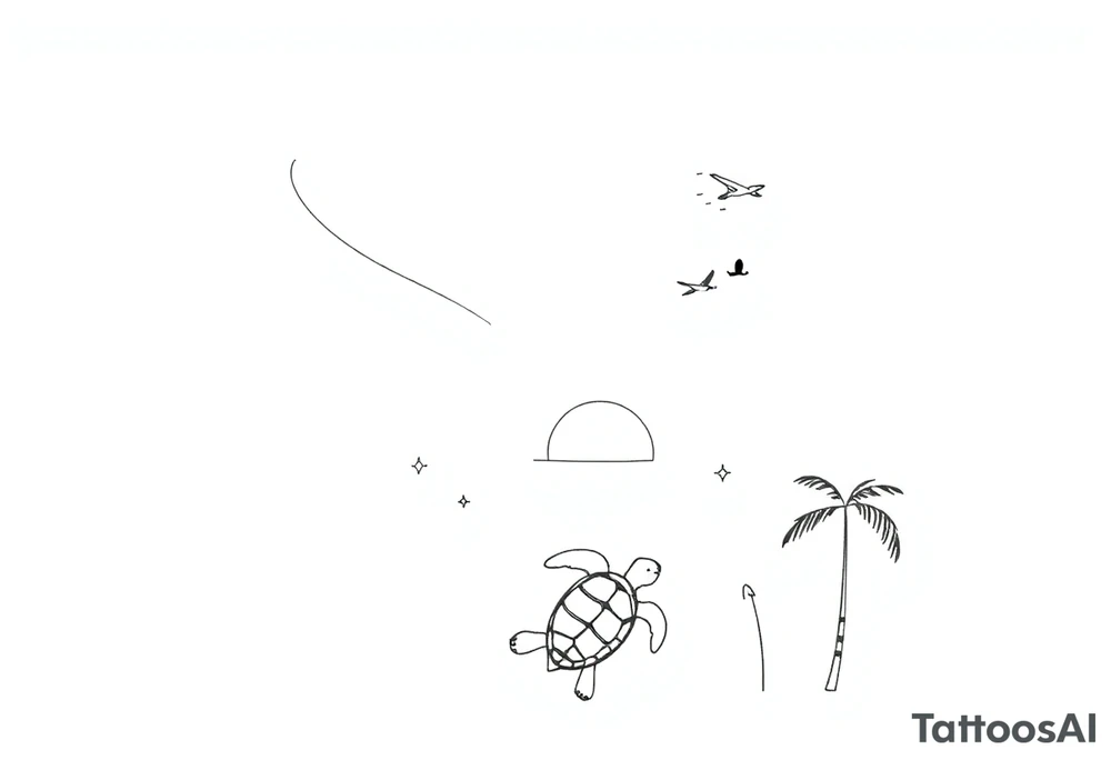 Tatouage fineline vertical, noir et blanc, de style minimaliste et spirituel. De haut en bas : une flèche stylisée pointant vers le ciel, suivie d’une ligne ondulée évoquant le vent ou une trajectoire de voyage. Juste en dessous, un petit avion en vol, stylisé, laissant une traînée fine qui s’intègre harmonieusement dans la composition. Quelques oiseaux en vol renforcent le thème de la liberté et du voyage. Ensuite, un soleil rayonnant, deux tortues marines superposées et orientées vers le haut, entourées de petits symboles évoquant le mouvement sous-marin. Plus bas, un palmier tropical, une étoile de mer, et des éléments géométriques discrets (points, lignes, flèches) pour équilibrer l’ensemble. Le style est délicat, équilibré, et évoque la nature, l’évasion, et le voyage intérieur autant qu’extérieur. tattoo idea