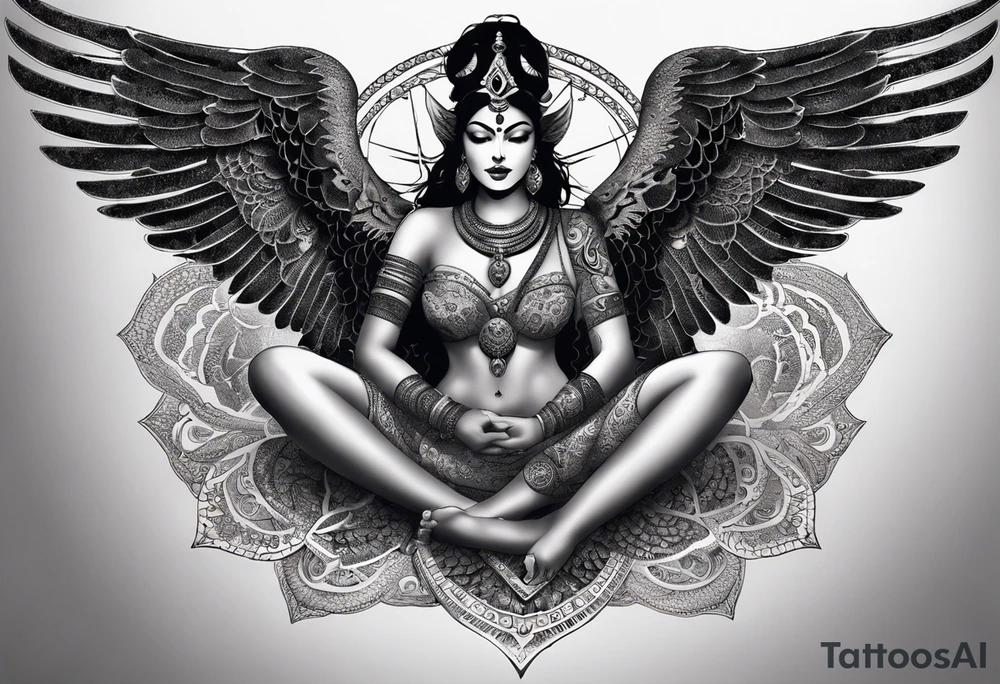 black kali, goddess pirate, alien, angel, pachamama, valkrye, warrior, flying, skull, lotus azul, wing, eagle, zenza resonance, stars, 5D, anahata chakra, death, durga, riding on a tiger, flying lady, kundalini, chest tatoo, samuri, rebel, serpent tattoo idea