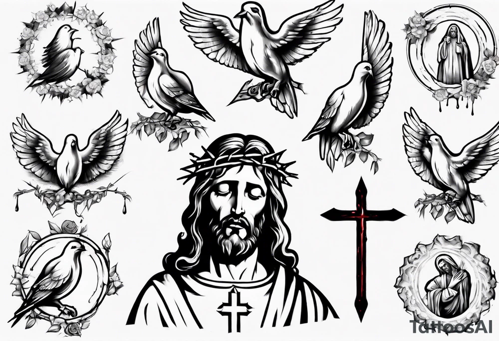Jesus with thorns looking up and crying, doves, lambs, blood tattoo idea Jesus with thorns looking up and crying, doves, lambs, blood tattoo idea