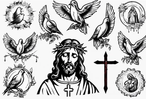 Jesus with thorns looking up and crying, doves, lambs, blood tattoo idea