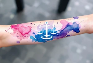 Flowing watercolor splashes in pink, blue, and lavender wrap around a white-ink Libra star constellation and Libra sign. tattoo idea