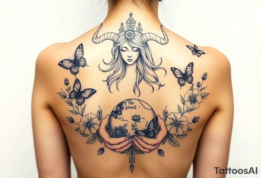 Taurus goddess with earth in her hands and butterflies and flowers all around her tattoo idea