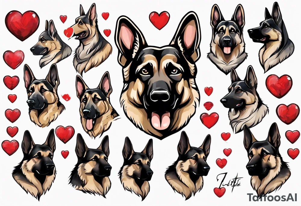 German Shepherd with a heart behind it tattoo idea