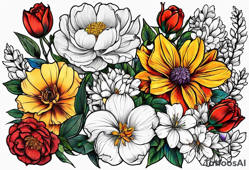 January, February, April, June, July, September birth flower tattoo idea