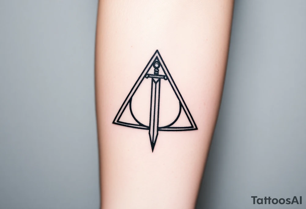 deathly hallows symbol from harry potter with a sword in the middle tattoo idea