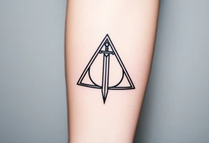 deathly hallows symbol from harry potter with a sword in the middle tattoo idea