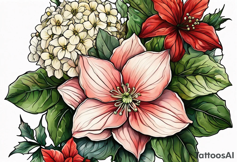 Hydrangea, Narcissus, Poinsettia, Holly, Gladiolus, Poppy, Daisy, Sweet Pea floral tattoo idea