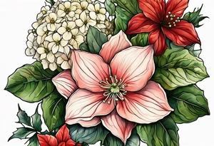 Hydrangea, Narcissus, Poinsettia, Holly, Gladiolus, Poppy, Daisy, Sweet Pea floral tattoo idea