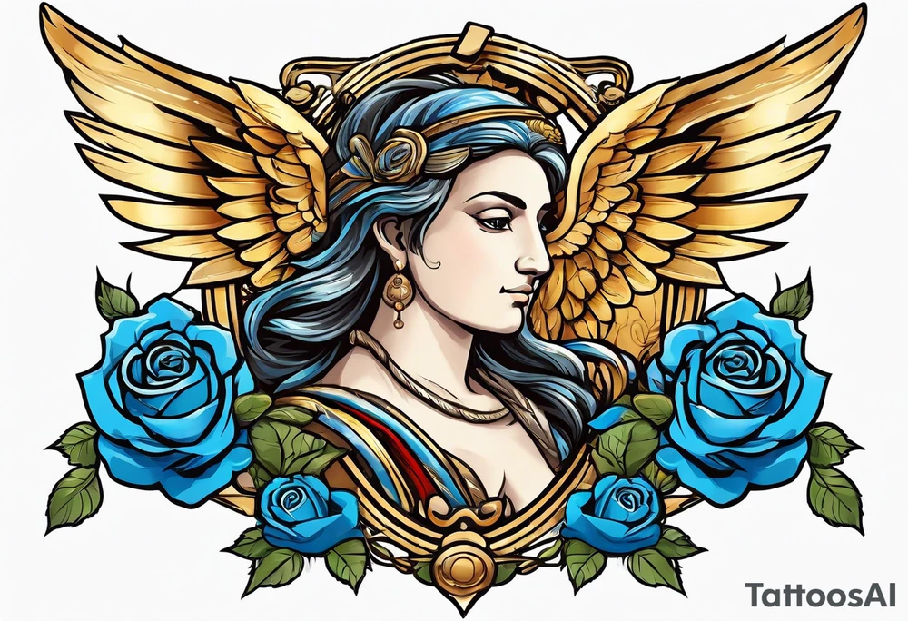 Cupio fly boy wings and a bow,, bacground sea ancient rome gods , blue roses frames tattoo idea